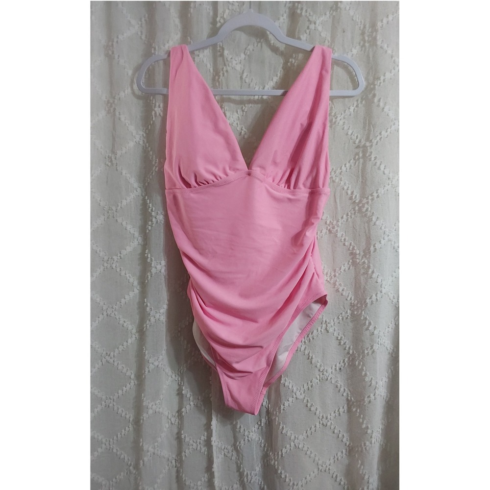 Old Navy Womens Large Pink Ruched V-Neck‎ One Piece Swimsuit Sleeveless Swimwear